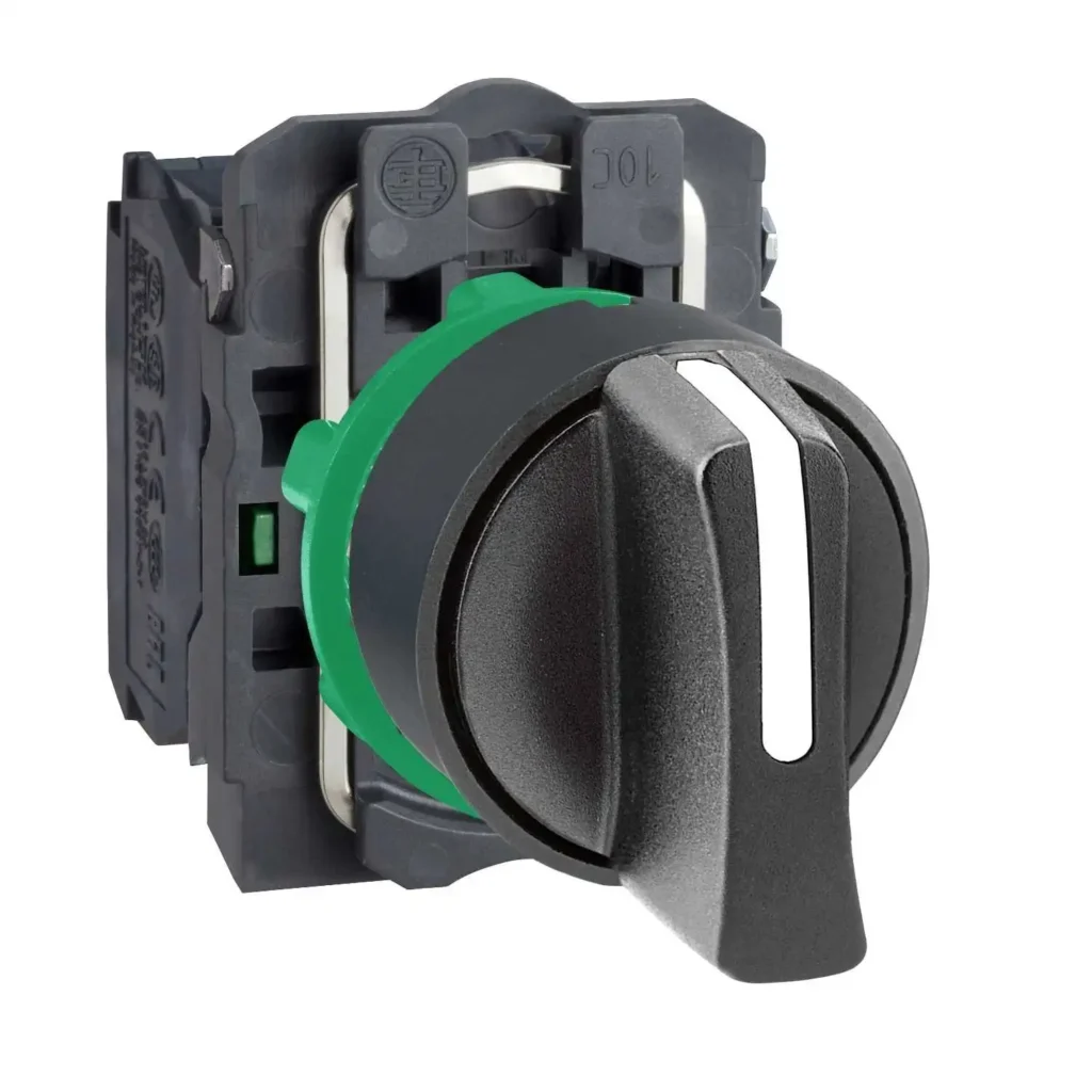 XB5AD53 selector switch Ø22 with 3 positions, spring return to center and 2 NO contacts