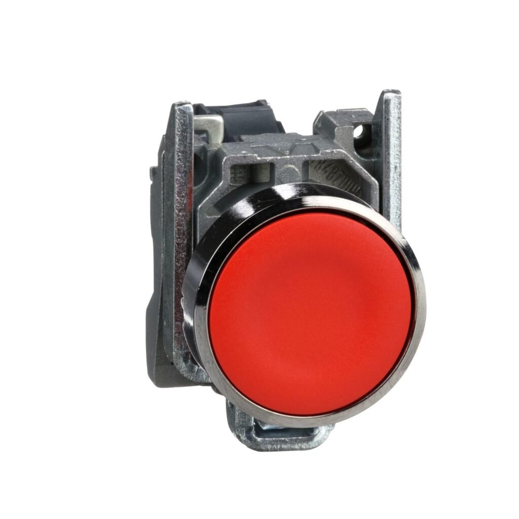 XB4BA42 metal push button Ø22 with red flush actuator, spring return and 1 NC contact.
