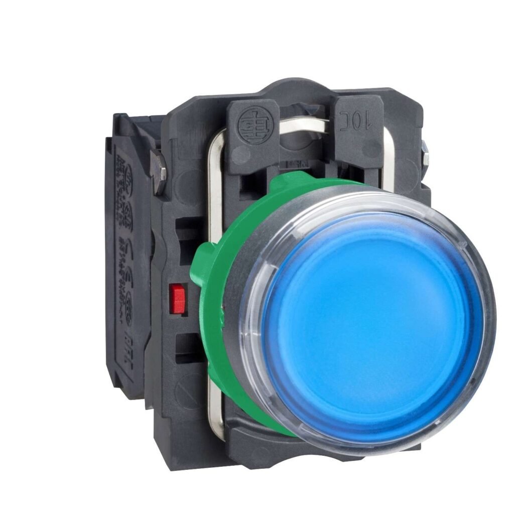 XB5AW36M5 illuminated push button Ø22 with blue lens, 1 NO + 1 NC contacts and 230–240 V AC supply
