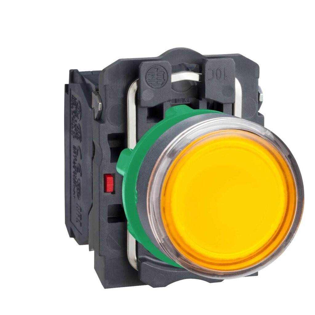 XB5AW35M5 illuminated push button Ø22 with orange lens, 1 NO + 1 NC contacts and 230–240 V AC supply